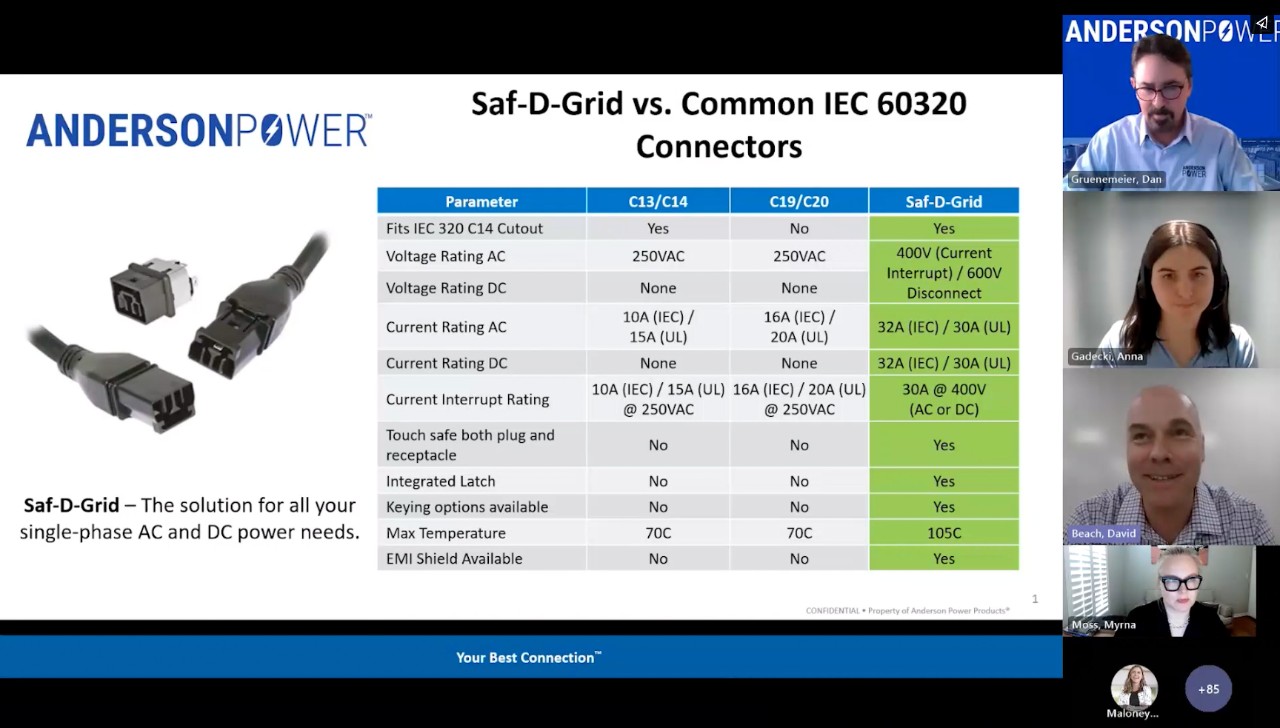 Decoding Datacenter Power webinar screenshot featuring Saf-D-Grid comparison chart