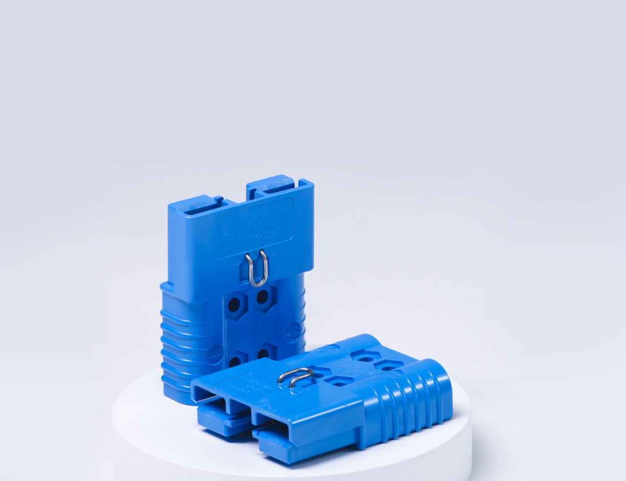 Blue SBE Connector on white background