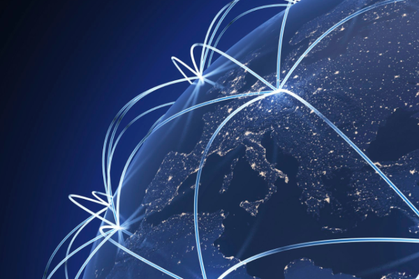 Image of Earth in space with highlighted connections to various points on the globe.